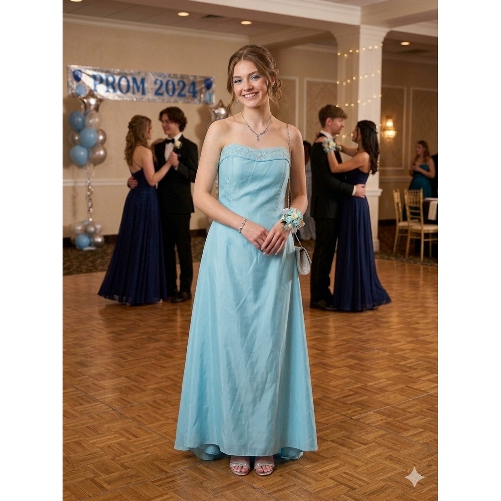 Vintage Jessica McClintock Gunne Sax Blue Embroidered Off Shoulder Gown Dress 13